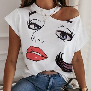 Face Print Cold Shoulder Casual T-shirt